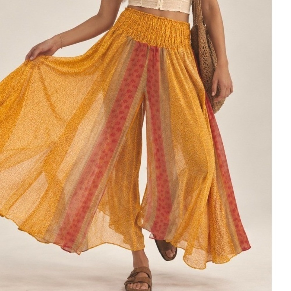 Silk Wide Leg Palazzo Pants Sheer Free Size Orange Boho Festival Beach Eclectic